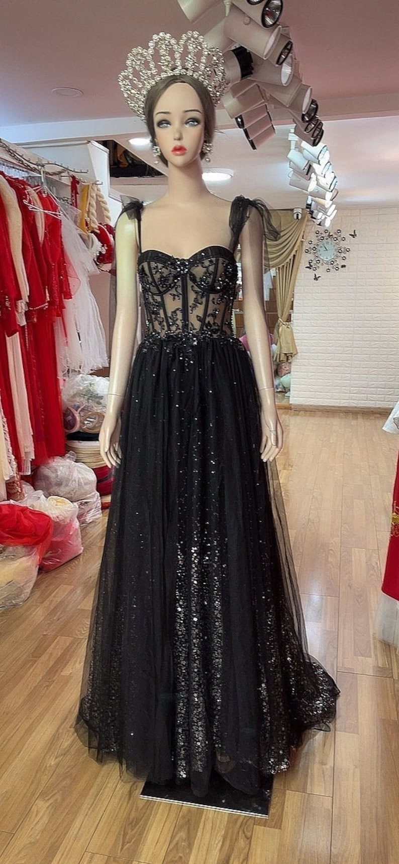 Black magic sparkle A-line wedding/prom dress with glitter tulle or lace various styles style 1