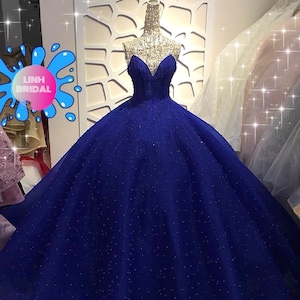 Midnight blue off the shoulder modified sweetheart sparkle beaded or long sleeves tiered skirt ball gown wedding/prom dress