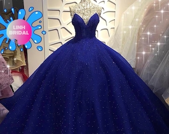 Midnight blue off the shoulder modified sweetheart sparkle beaded or long sleeves tiered skirt ball gown wedding/prom dress