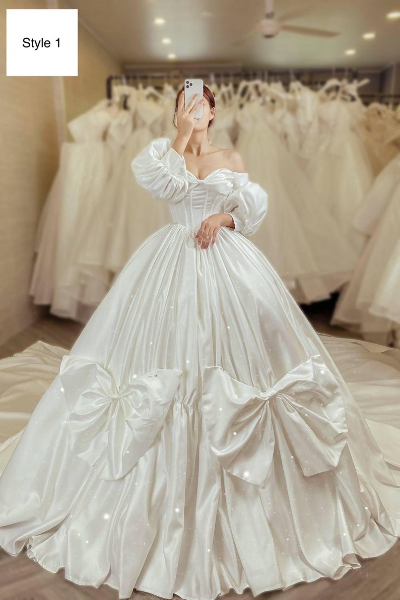 White Princess Long or Short Sleeves Satin Ball Gown Wedding - Etsy