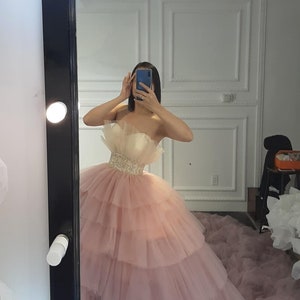 Princess pink off the shoulder ballgown wedding/prom dress with tiered skirt and train various styles image 3