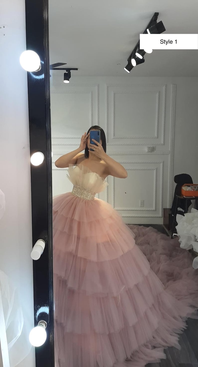 Princess pink off the shoulder ballgown wedding/prom dress with tiered skirt and train various styles image 3