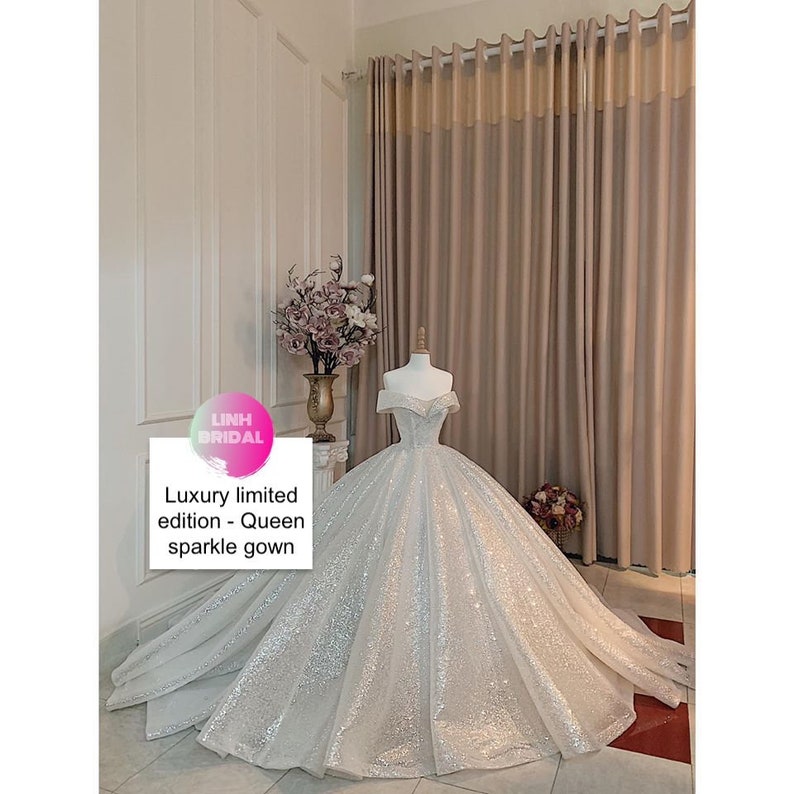 Limited edition - Luxury - Queen sparkle off the shoulder white ball gown wedding dress with cathedral and sequin sparkly tulle 