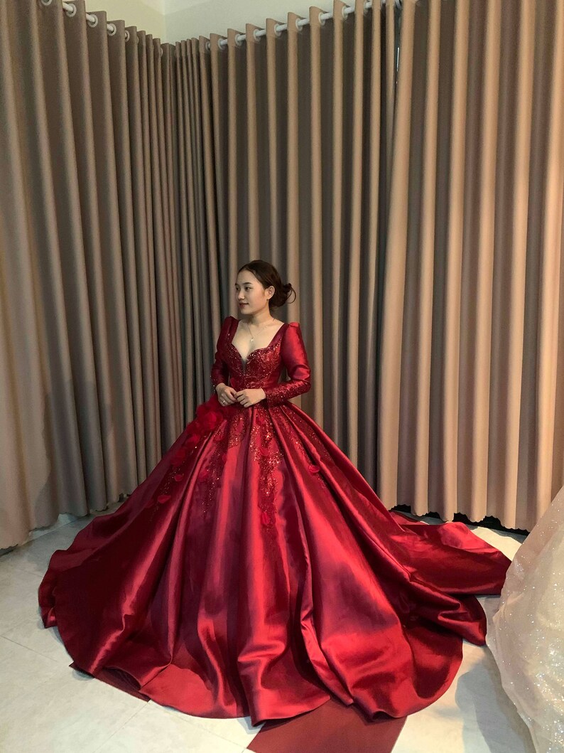 Extravagant red satin ball gown wedding/prom dress with red | Etsy