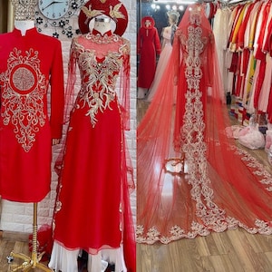 Red Ao Dai VietnameseTraditional Wedding Dress with Gold Embroidery and  Train 