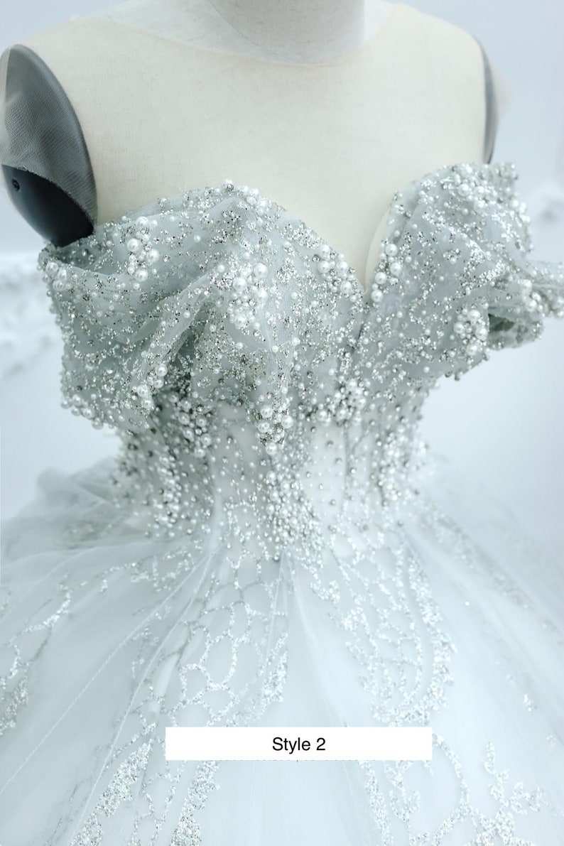 Grau / Silber lange Ärmel oder Tropfen Ärmel Perlen Mieder funkeln Ballkleid Brautkleid mit Glitzer-Tüll verschiedene Stile Bild 5