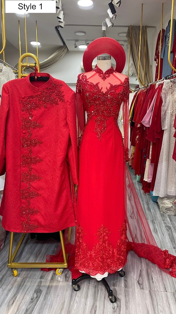 Traditional Couple Vietnamese Wedding Bridal Lace Ao Dai in Red