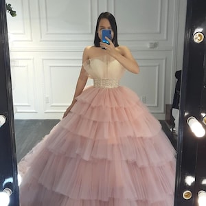 Princess pink off the shoulder ballgown wedding/prom dress with tiered skirt and train various styles image 2