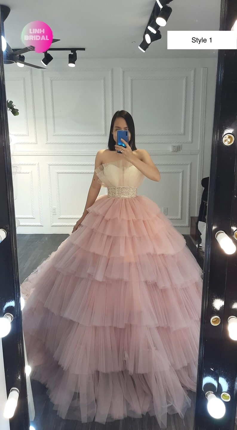 Princess pink off the shoulder ballgown wedding/prom dress with tiered skirt and train various styles image 2