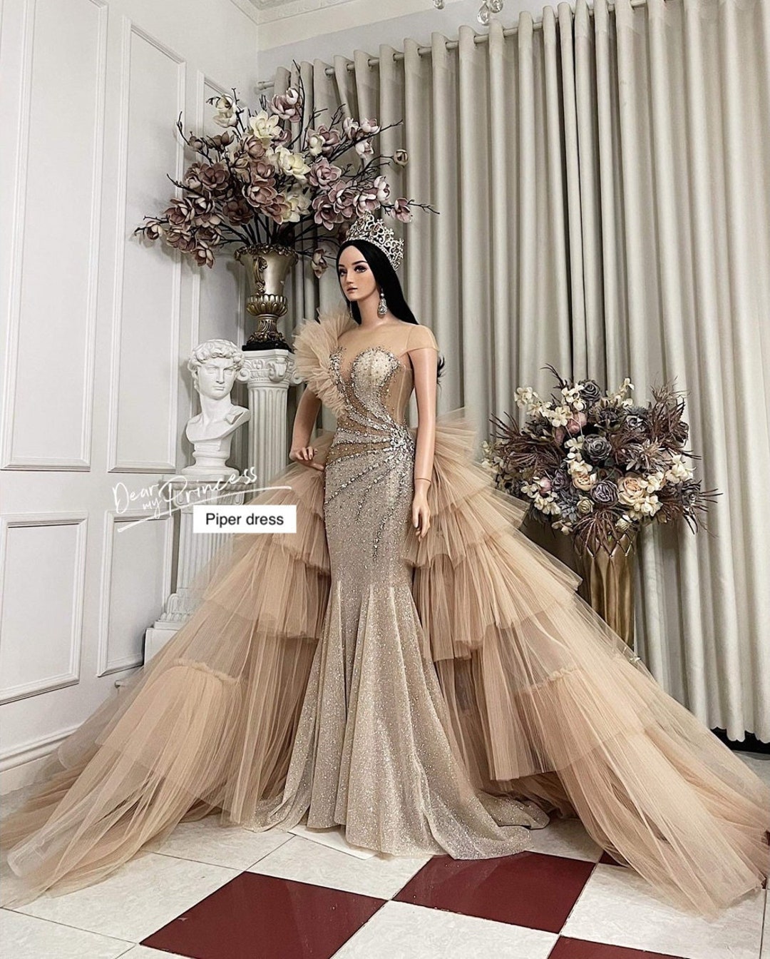 Buy Luxurious Beaded Nude Coffee or Pink Mermaid Wedding/evening Dress With  Detachable Ruffled Train Various Styles Online in India 