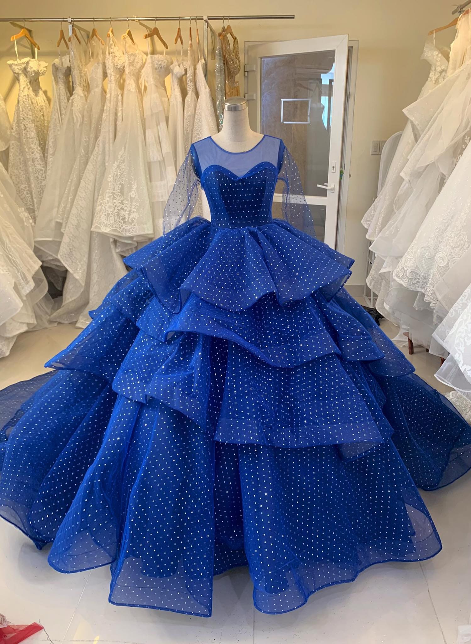 Midnight Blue off the Shoulder Modified Sweetheart Sparkle Beaded or Long Sleeves Tiered Skirt Ball Gown Wedding prom Dress Etsy Canada