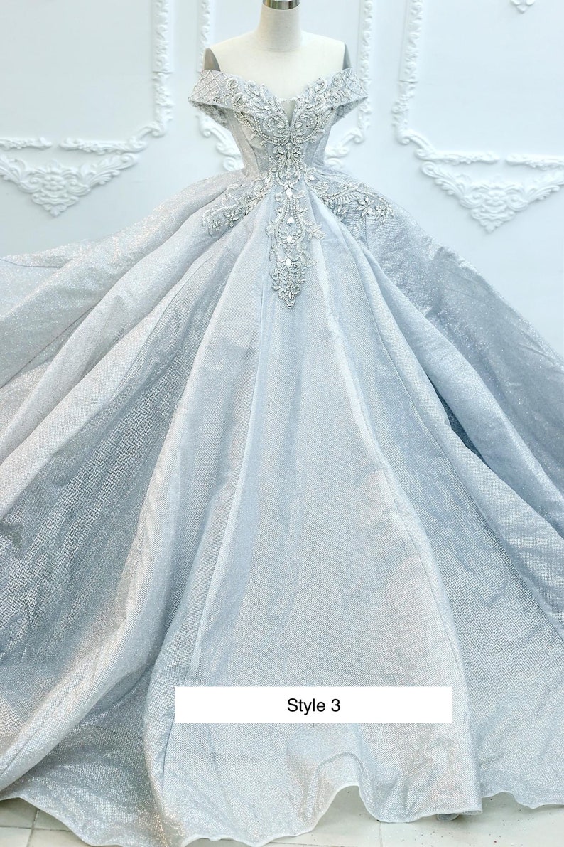 Grau / Silber lange Ärmel oder Tropfen Ärmel Perlen Mieder funkeln Ballkleid Brautkleid mit Glitzer-Tüll verschiedene Stile style 3