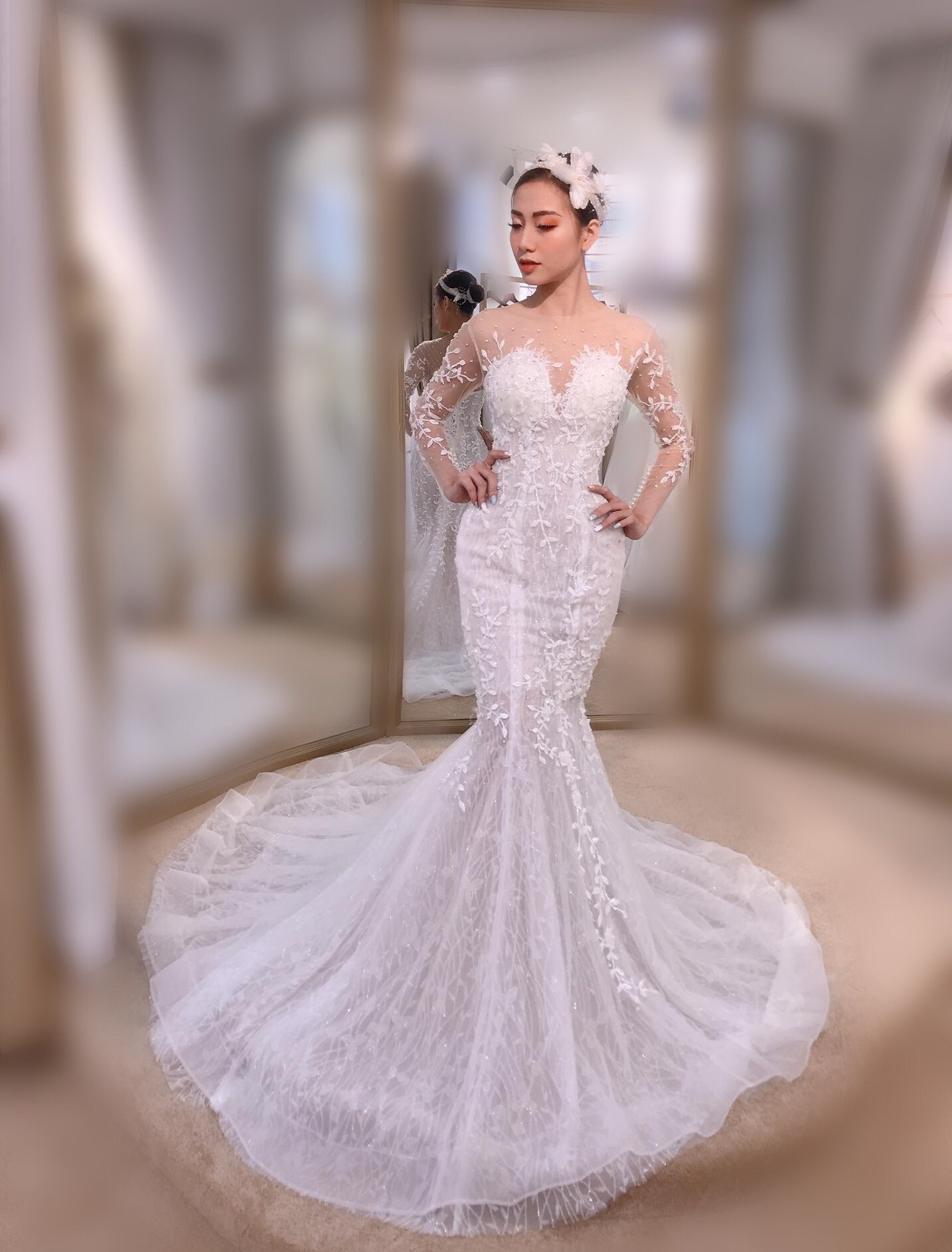 Long sleeve lace fishtail wedding cheap dress