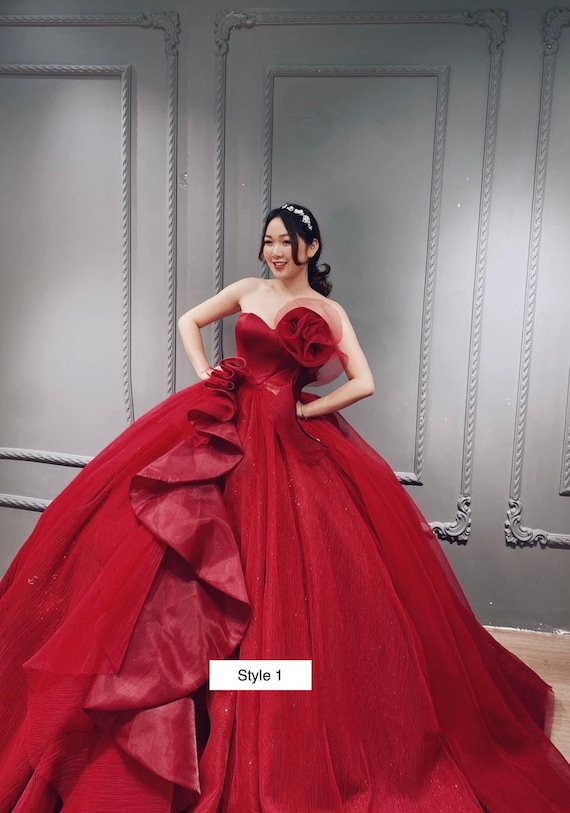 Layered/ Tiered/ Pleated Tulle Skirt off the Shoulder Red Ballgown