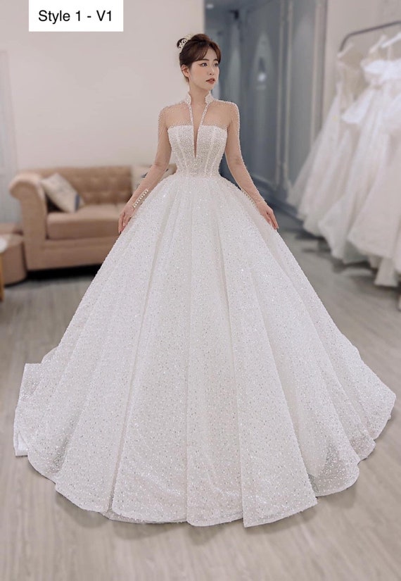 Long Sleeves Deep V Neck White Sparkle Ballgown Wedding Dress With Beaded Lace and Glitter Tulle Various Styles Etsy UK