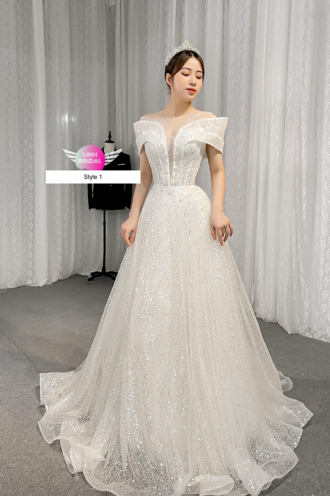 Feminine Beaded Drop Sleeves Sparkly White A Line Wedding Dress With ...
