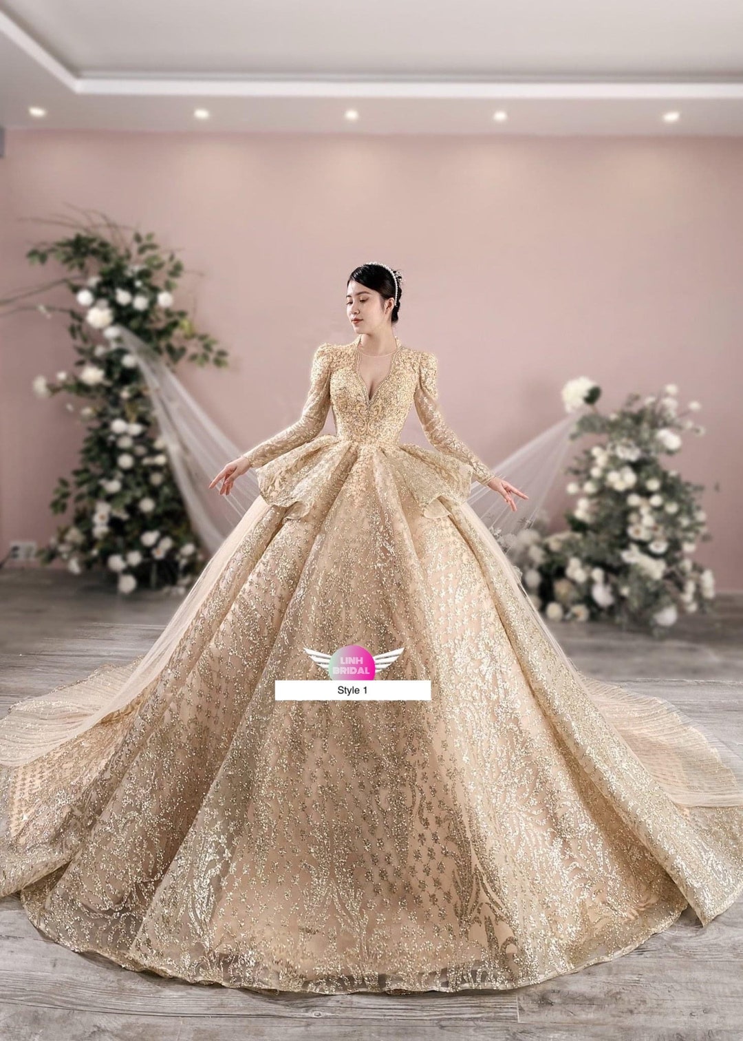 Gold Sparkle Wedding Dress Long Sleeve Ball Gown With Train