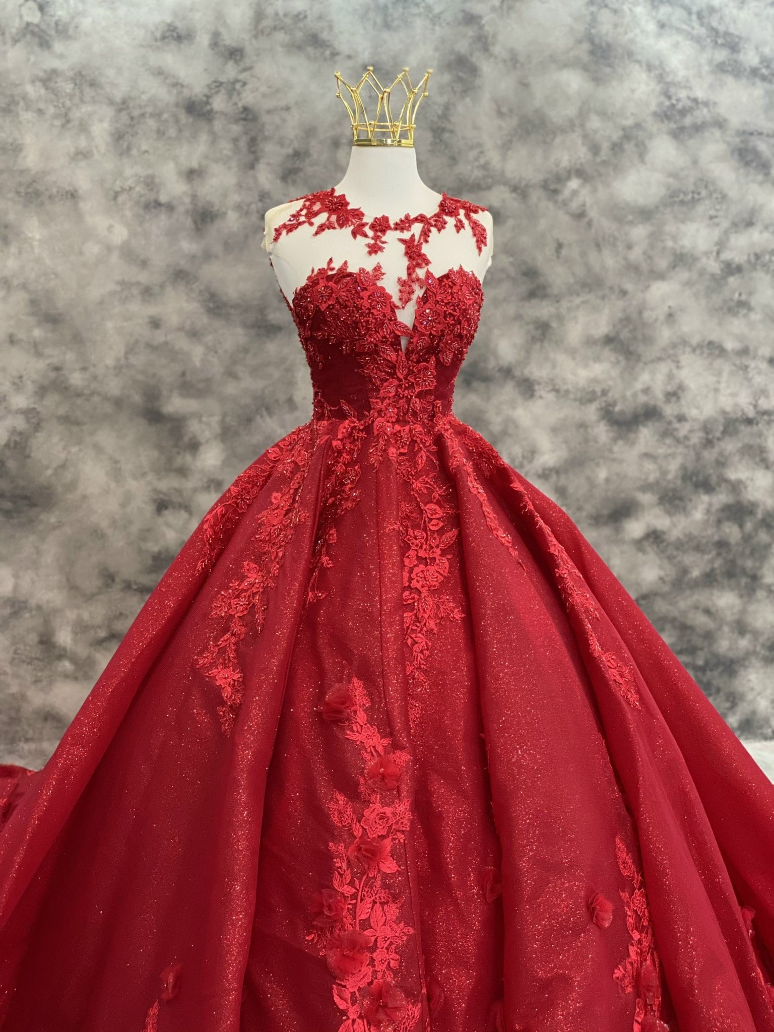 Red Ball Gown Tulle Lace High Neck Long Sleeve Wedding Dress With Beading