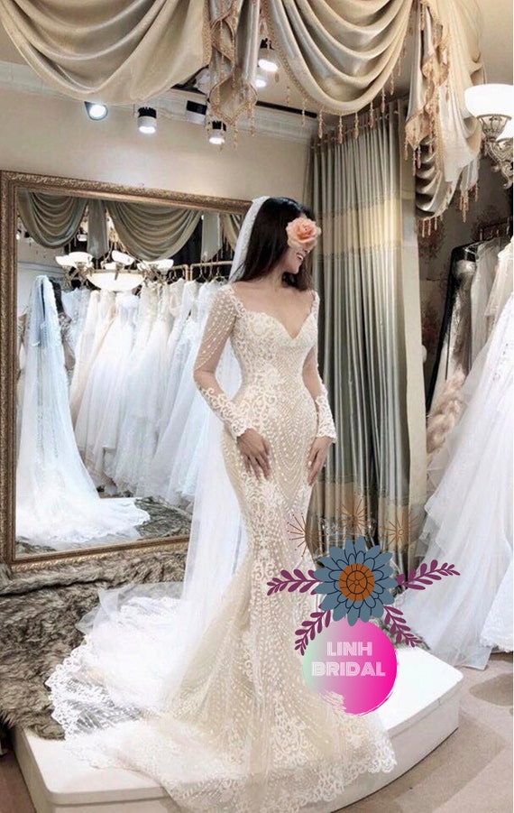 beige mermaid wedding dress