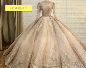 Long sleeves gold beaded sparkle ball gown wedding dress with glitter tulle - various styles