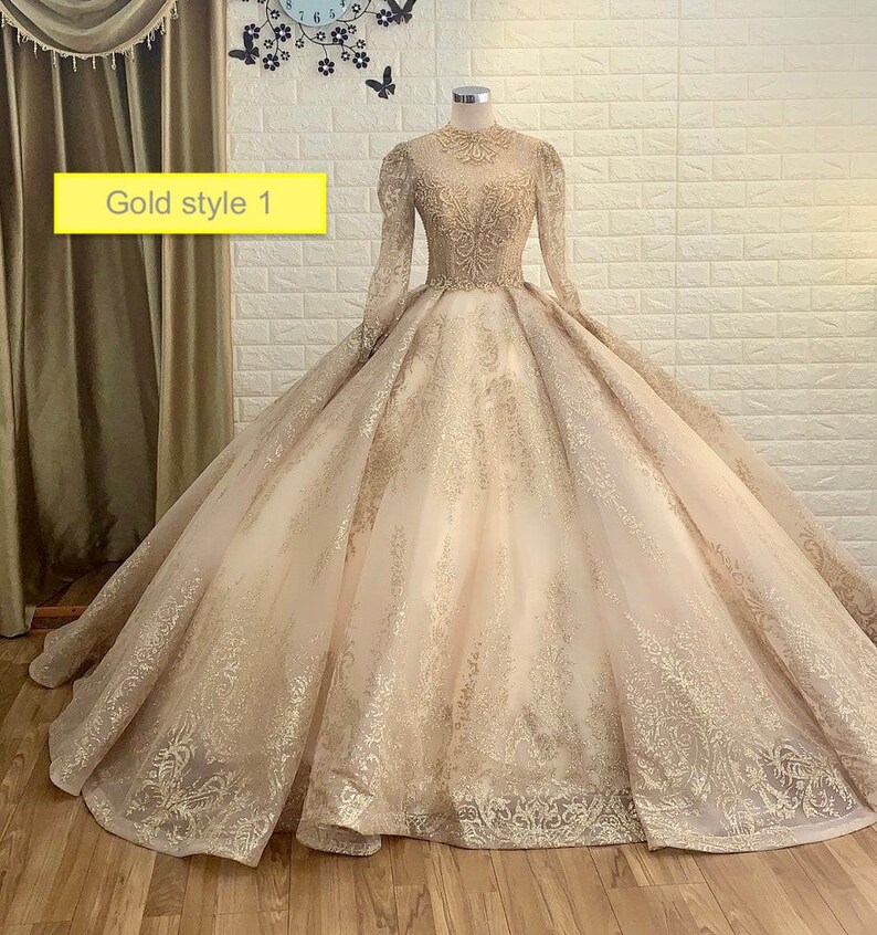 gold ball gown with sleeves