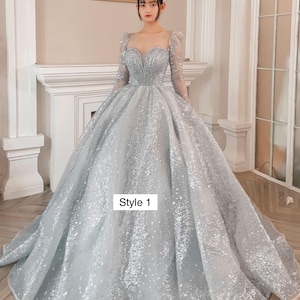 Modern sparkly grey/silver long or cap sleeves ball gown wedding/prom dress with glitter tulle - various styles