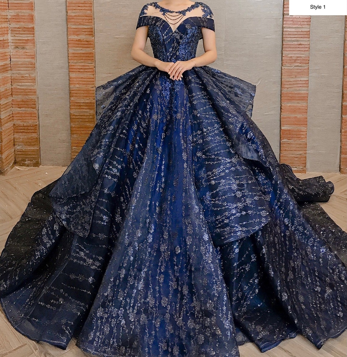 Royal blue/navy sparkly beaded lace ball gown wedding/prom Style 1