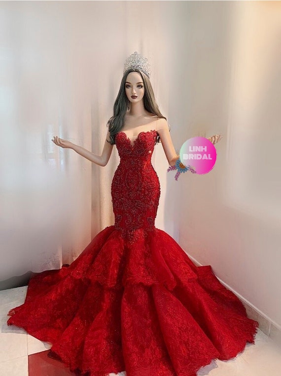 Scarlet Red Sexy Strapless Fit and Flare Mermaid Wedding Dress Formal