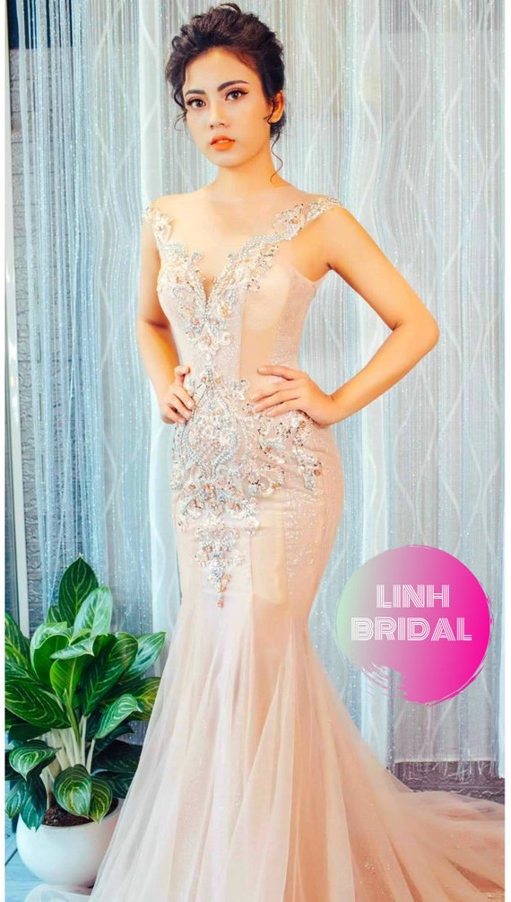 Glam Blush Pink Beaded Crystals Mermaid Wedding Evening Dress Etsy