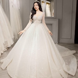 Elegant Long Sleeves White Sparkle Ballgown Wedding Dress With Beadings ...