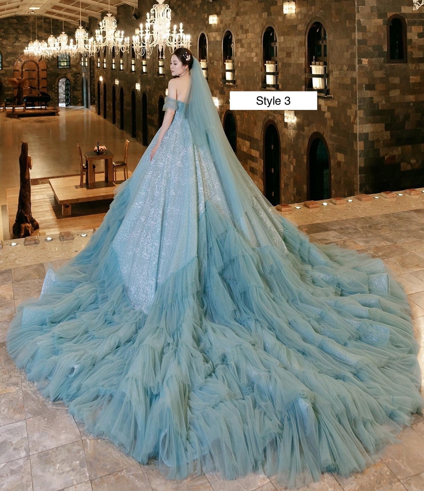 Puffy Tiered Skirt Teal/turquoise Ball Gown Wedding Dress With