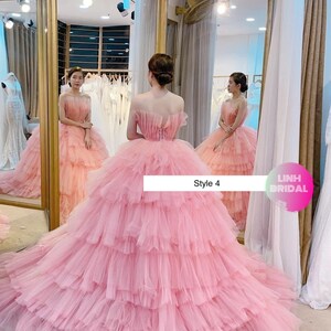 Princess pink off the shoulder ballgown wedding/prom dress with tiered skirt and train various styles image 9