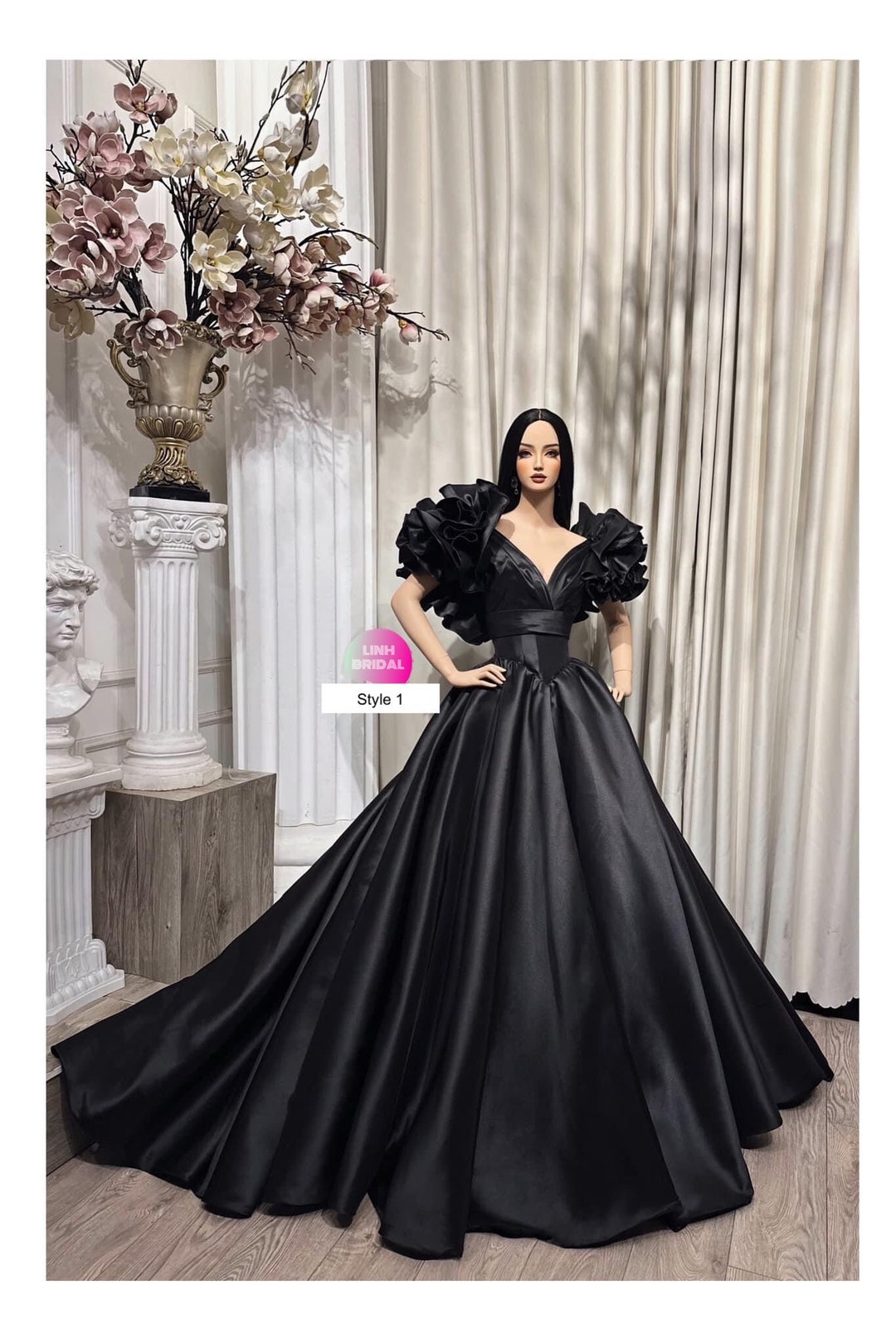 Black Tulle Layers Long A-Line Prom Dress, Black Strapless Evening Dre