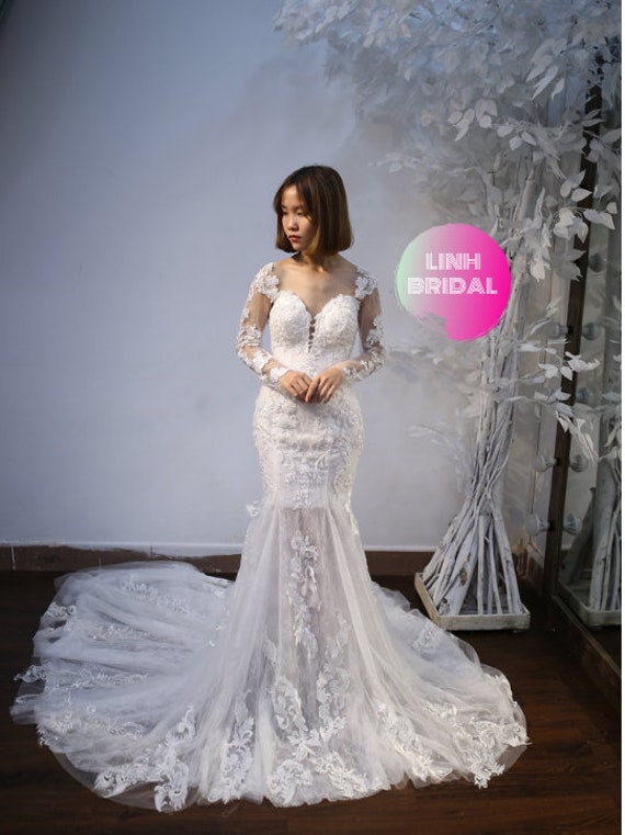 Long Sleeve White Lace Applique Trumpet Wedding Dress With Etsy
