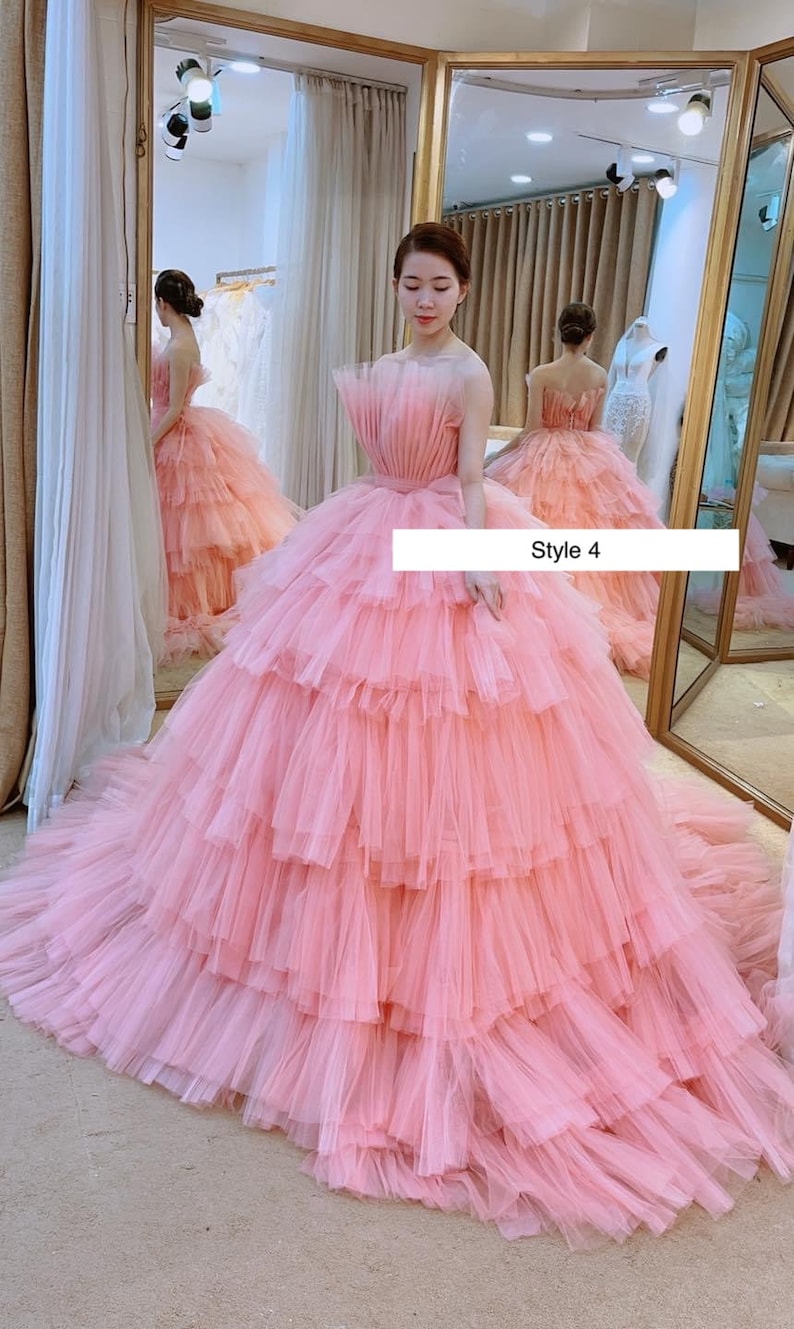 Princess pink off the shoulder ballgown wedding/prom dress with tiered skirt and train various styles image 8