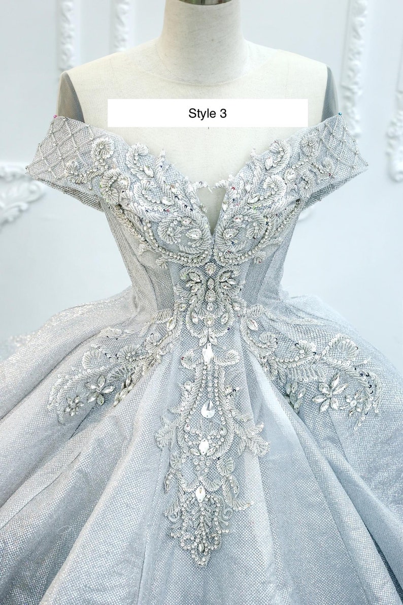 Grau / Silber lange Ärmel oder Tropfen Ärmel Perlen Mieder funkeln Ballkleid Brautkleid mit Glitzer-Tüll verschiedene Stile Bild 7