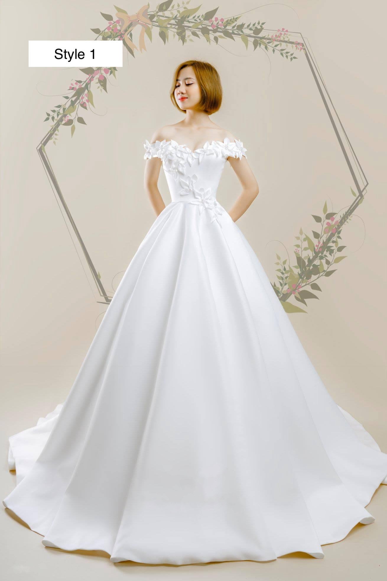 Minimalist Royal White Satin Cap drop Sleeves Ball Gown Wedding