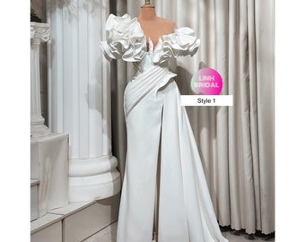 Elegant off the shoulder beaded or lace white satin wedding dress with attached train - various styles