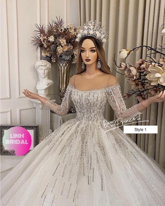 Decorative Illusion off the Shoulder Long Sleeves Beaded Sparkly White Ball  Gown Wedding Dress With Glitter Tulle Various Styles 