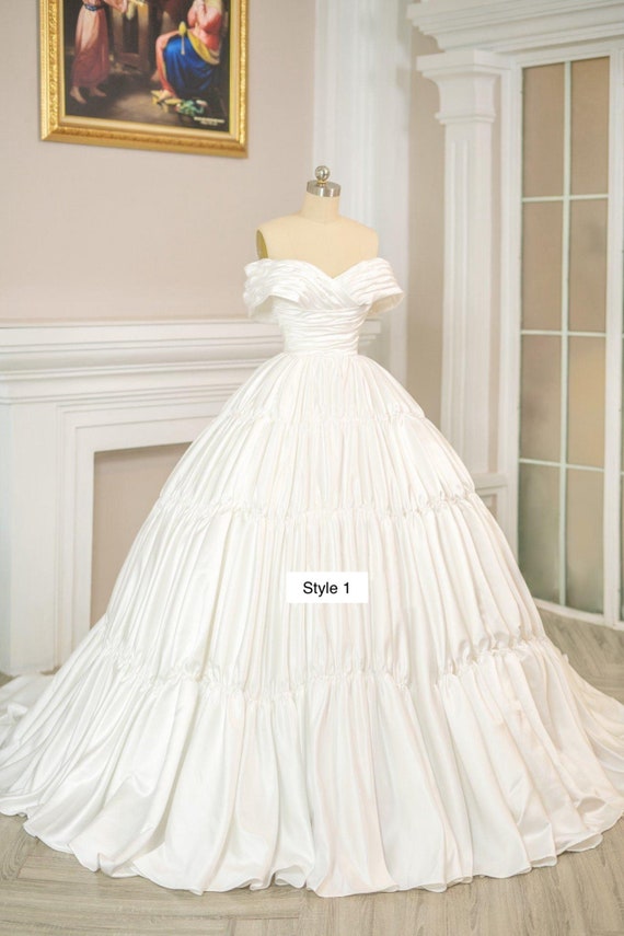 White satin off shop the shoulder wedding dress