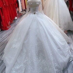 Premium Long Sleeve Beaded Sparkle White Wedding Ball Gown With Train ...