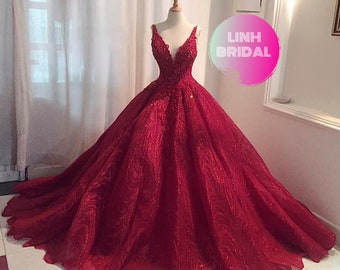 Powerful red sleeveless or cap sleeves sparkle beaded ball gown wedding dress with train & glitter tulle - various styles