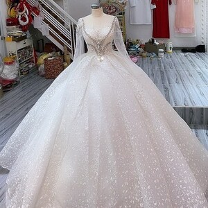Premium Long Sleeve Beaded Sparkle White Wedding Ball Gown With Train ...