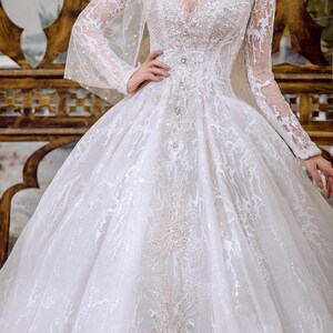 Elegant Long Sleeves White Sparkle Ballgown Wedding Dress With | Etsy