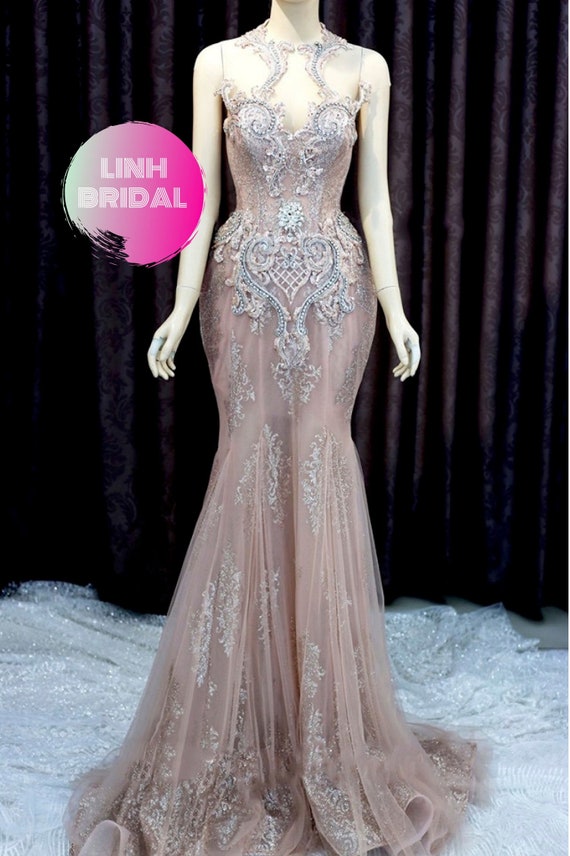 Halter neck sparkle pink trumpet wedding/evening gown with | Etsy