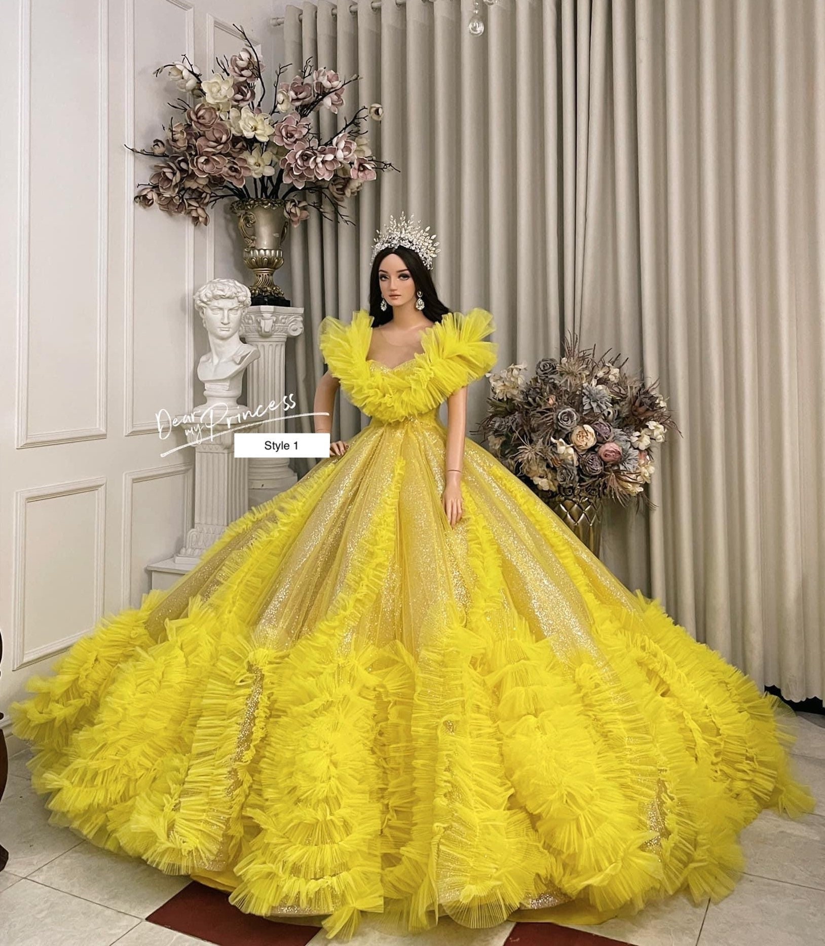 G640 (2), Luxury Yellow Ruffle Long Trail Ball Gown, Size - (All) – Style  Icon www.dressrent.in