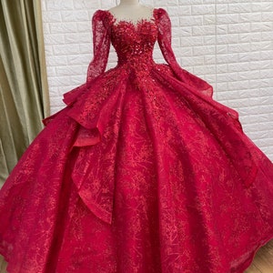 Splendid Long Sleeves Red Sparkle Ball Gown Wedding Dress With Beadings ...