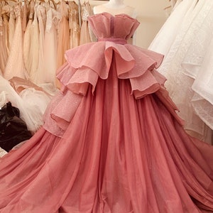 Princess pink off the shoulder ballgown wedding/prom dress with tiered skirt and train various styles image 6