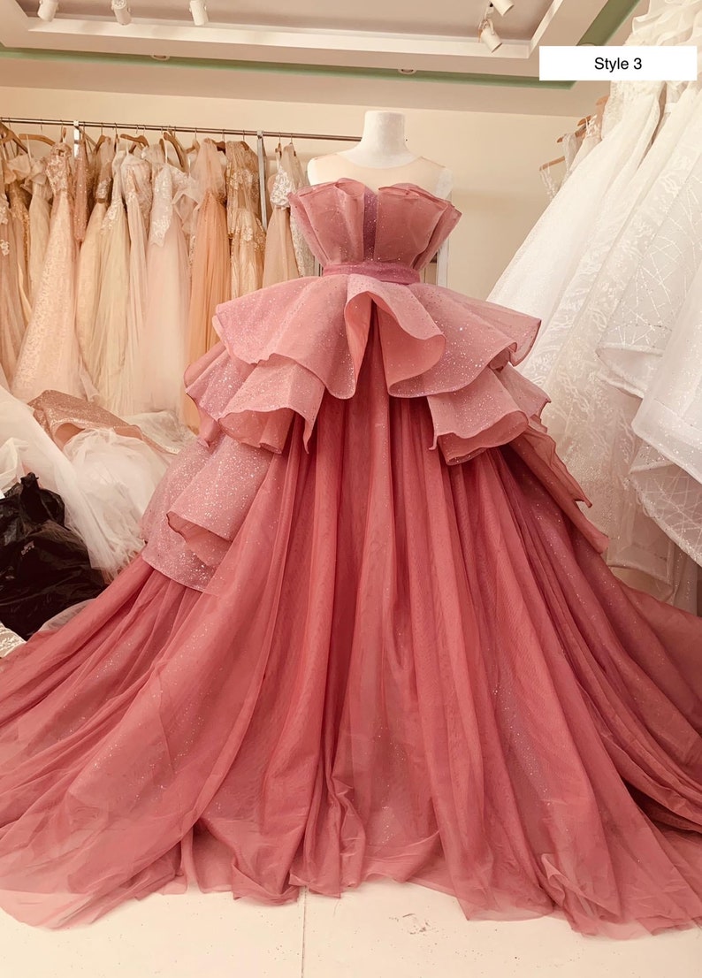 Princess pink off the shoulder ballgown wedding/prom dress with tiered skirt and train various styles image 6