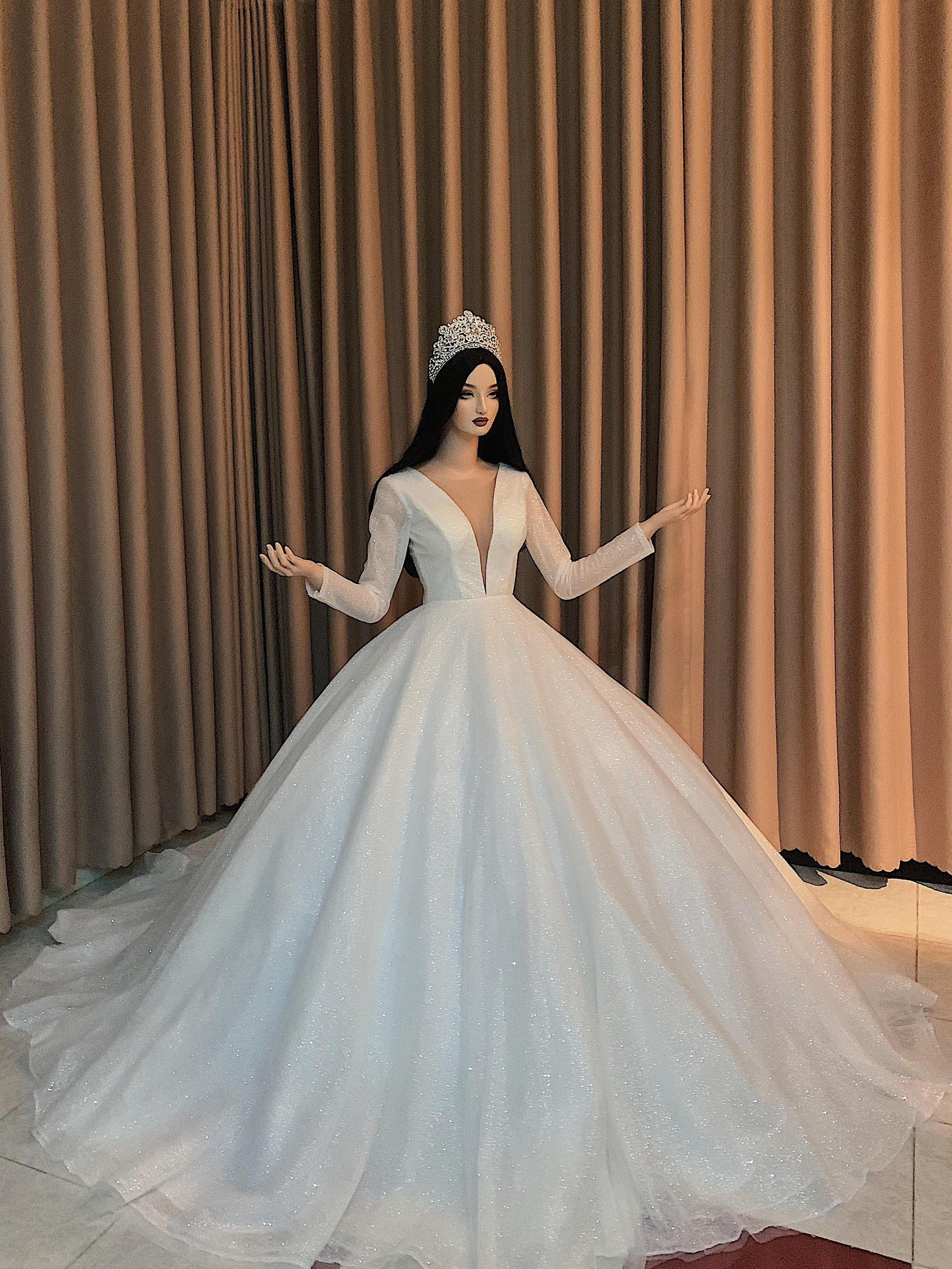 Vestido de novia de manga larga con escote en V profundo y brillante blanco con tul brillante y cola varios estilos Etsy Mexico